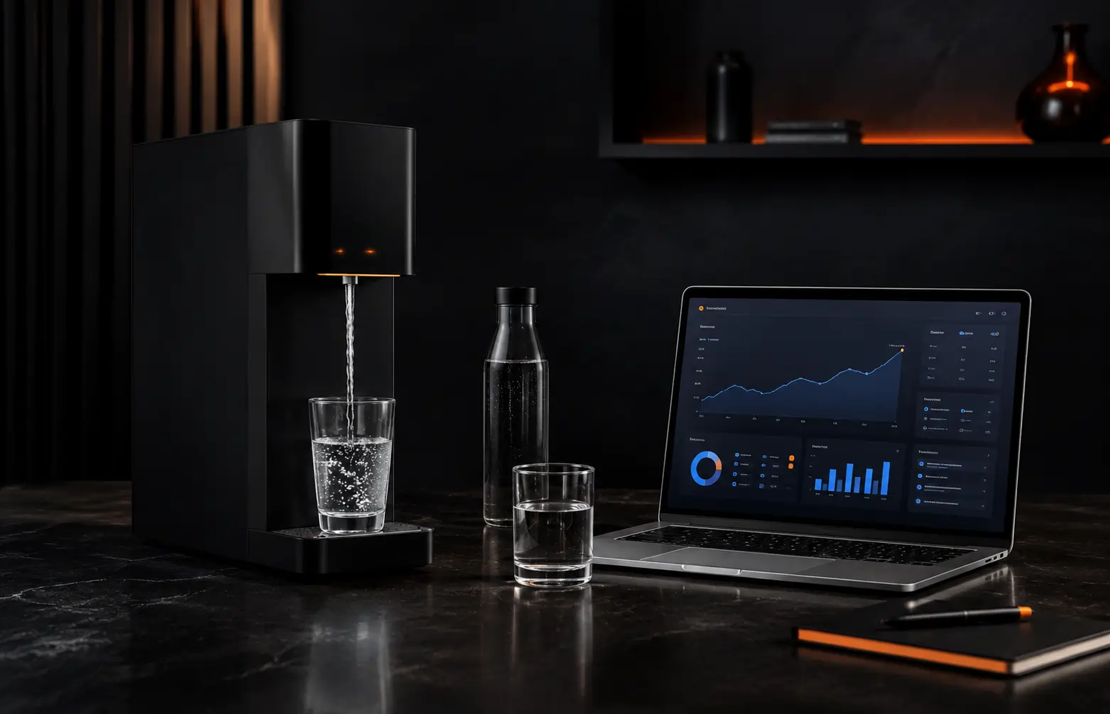 Other Water countertop purifier beside a digital performance dashboard representing AITC GEO and SEO work