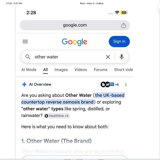 Mobile Google AI Overview recognising Other Water as a UK countertop reverse-osmosis brand